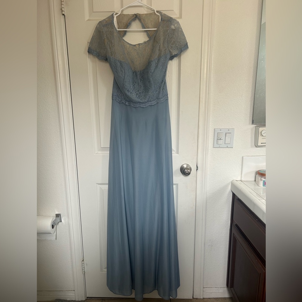 Azazie Dusty Blue Lace Cap Sleeve Evening Gown